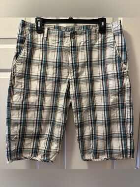 Helix Plaid Cotton Shorts - White, Blue, Brown